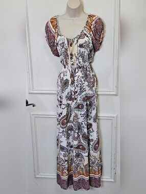 OTOO Cream Multi-Color Paisley Floral Boho Smocked Waist Maxi Dress,Size XXL